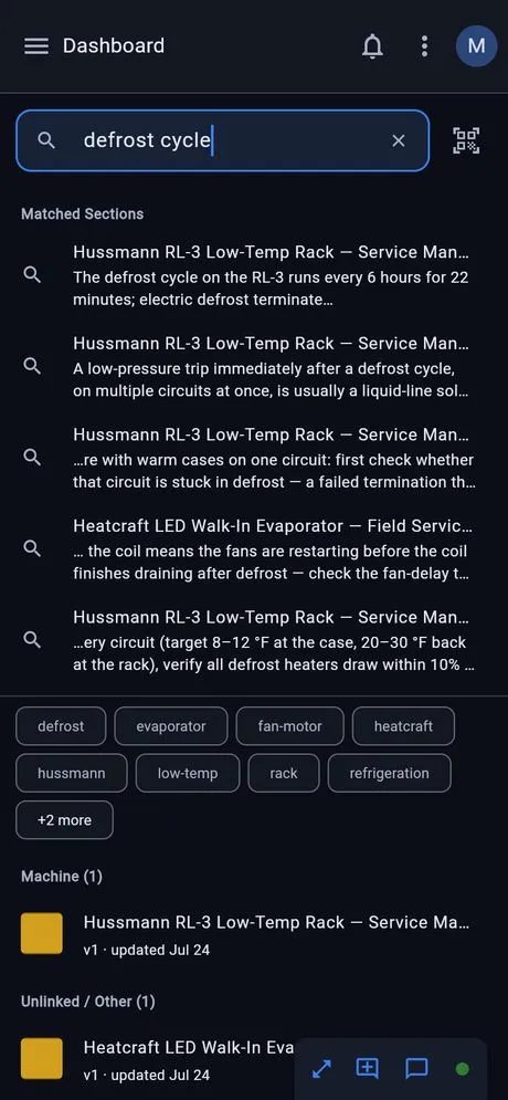 ISS Field Intelligence answering a technician’s question about a defrost cycle on their phone, with every part of the answer citing the page of the Hussmann RL-3 manual it came from.