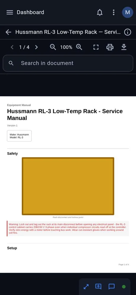 The manual reader open at a cited section, with its safety callout and page position.