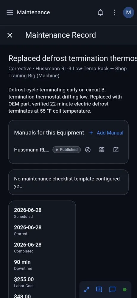 The equipment page for a scanned unit, open on a technician’s phone: asset 48, its four previous service records, the manuals linked to it and the issues still open against it.