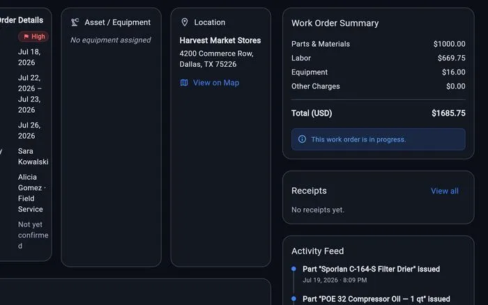Work order WO-2026-0341 in ISS — a night-shift rack replacement for Harvest Market Stores — with its customer, schedule, parts and labour totalled to $1,685.75 and an activity feed listing each part as it was issued to the job.
