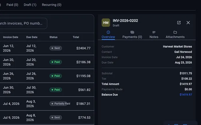 Invoice INV-2026-0202 open in ISS beside the invoice list, its subtotal of $1,311.75 and $108.22 of sales tax already computed into a $1,419.97 balance due, with every other invoice showing whether it is sent, paid, partially paid or overdue.