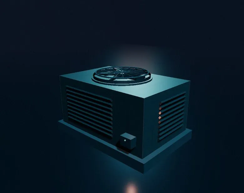 A rooftop condensing unit lit in cold cyan: the fan on top, louvred housing panels, and the small control box on the front where the QR tag lives.